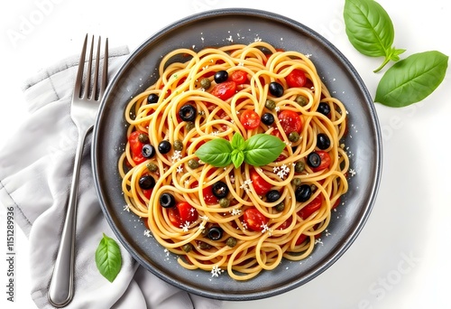 Spaghetti alla puttanesca - italian pasta dish with tomatoes, black olives, capers, anchovies and basil. Top view, flat lay photo