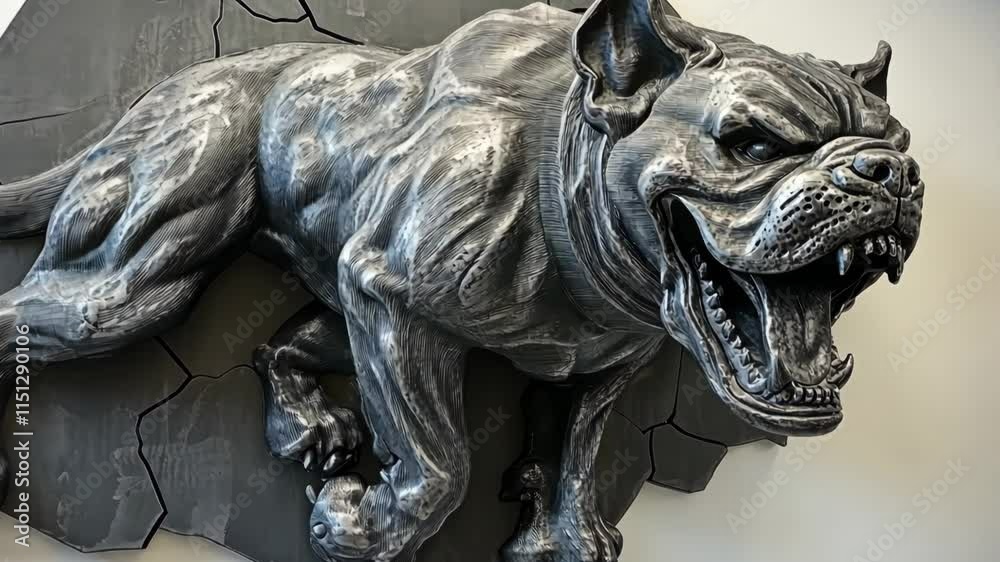 Sculptural representation of a fierce dog breaking through a wall in a contemporary art setting Sculptural representation of a fierce dog breaking through a wall in a contemporary art setting