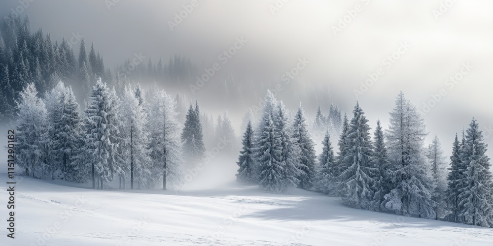 Alpine Winter Landscape Trees Blanketed in Snow with a Misty Fog Enveloping the Scene Alpine Winter Landscape Trees Blanketed in Snow with a Misty Fog Enveloping the Scene