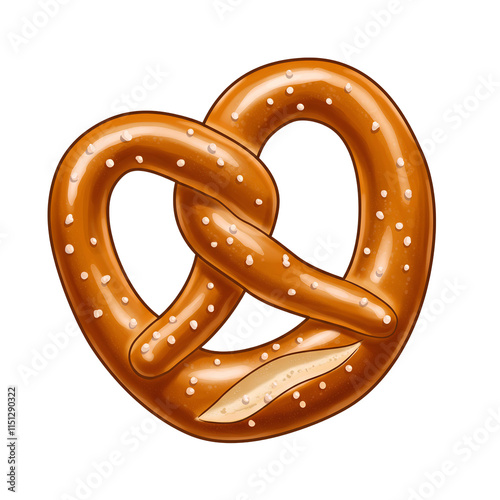 A shiny, golden-brown pretzel with a twisted shape, topped with coarse salt, isolated on a black background.