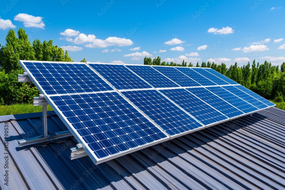 Rows of solar panels on a rooftop, capturing sunlight to generate clean energy for a sustainable and green way of living. Concepts: renewable energy, solar power, sustainability, green energy, Rows of solar panels on a rooftop, capturing sunlight to generate clean energy for a sustainable and green way of living. Concepts: renewable energy, solar power, sustainability, green energy,