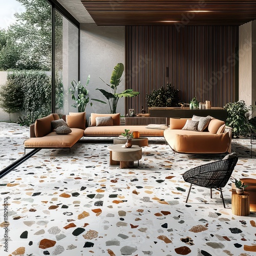 A minimalist terrazzo pattern with scattered irregular shapes in soft shades of cream, blush, and mint green, set against a textured light gray background for a clean look. 