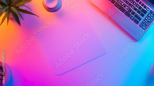 Flat lay of laptop, mousepad, plant, and lamp on vibrant desk.