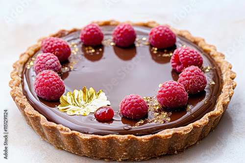 A luxurious chocolate tart with a glossy surface, garnished with gold leaf and fresh raspberries, elegant and tempting photo