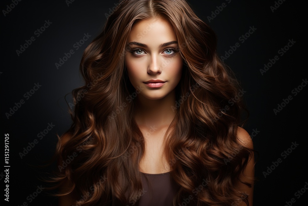 A woman with brown long hair. Portrait of a young model. A beautiful girl with a face dollike shows off her perfect hairstyle A woman with brown long hair. Portrait of a young model. A beautiful girl with a face dollike shows off her perfect hairstyle