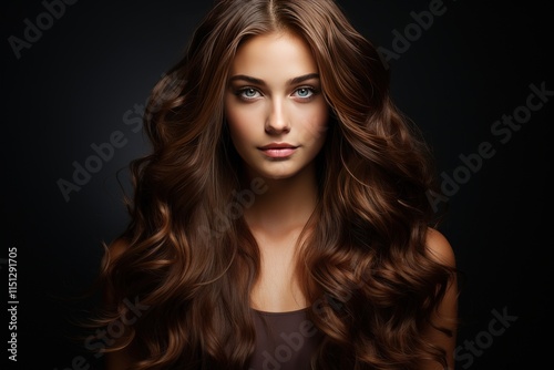 A woman with brown long hair. Portrait of a young model. A beautiful girl with a face dollike shows off her perfect hairstyle photo