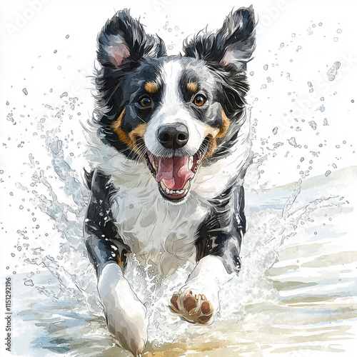 Illustration of the Border Collie dog running towards, soft watercolor tones, white background, detailed illustration, cartoonish. photo