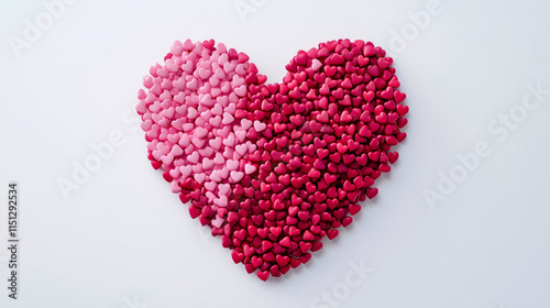 Heart shape made of gradient pink and red candy hearts on white background