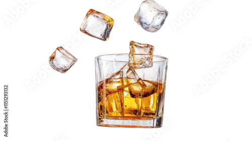 Ice Cold Whiskey: A classic whiskey glass filled with amber liquid and surrounded by falling ice cubes, creating a refreshing and visually striking image.   photo