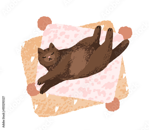 Cute cat lying on comfortable cushion. Adorable feline, relaxed home pet sleeping with belly up. Funny lazy kitty in cozy peaceful pose. Flat vector illustration isolated on white background