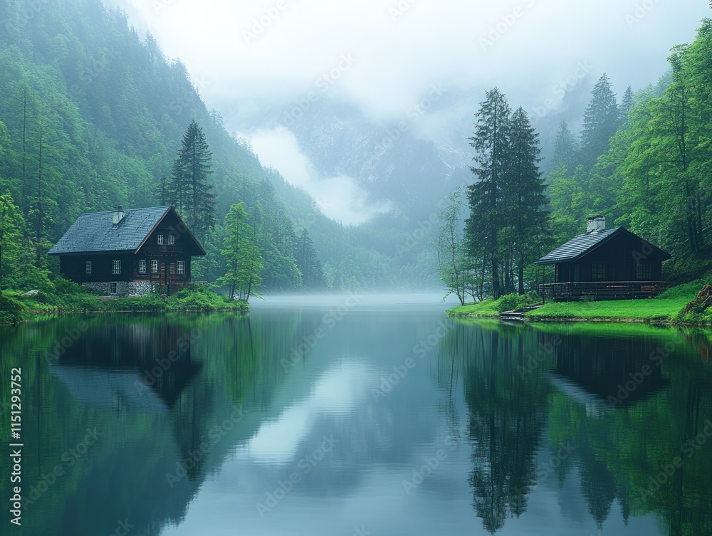 Fototapeta premium Misty lake, two cabins, reflecting forest.