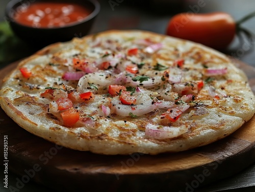 Savoring traditional uttapam with coconut chutney india culinary delight cozy kitchen close-up deliciousness photo