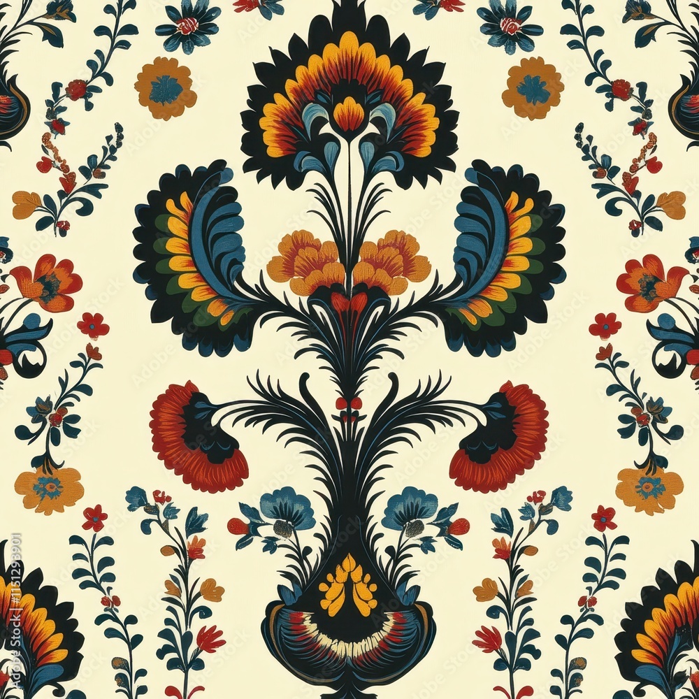 Naklejka premium A repeating pattern of Scandinavian-inspired folk art motifs like flowers, birds, and hearts in bold, simple shapes and primary colors, creating a modern and cheerful look. 