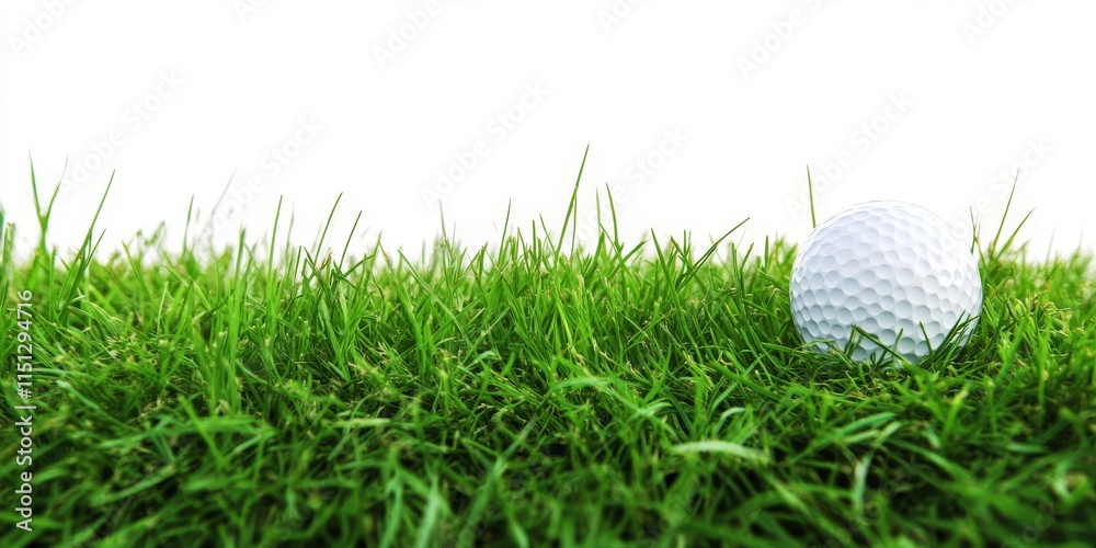 Golf ball resting on vibrant green grass against a clean white background, highlighting the details of the golf ball while showcasing the texture of the green grass. Perfect for sports imagery. Golf ball resting on vibrant green grass against a clean white background, highlighting the details of the golf ball while showcasing the texture of the green grass. Perfect for sports imagery.