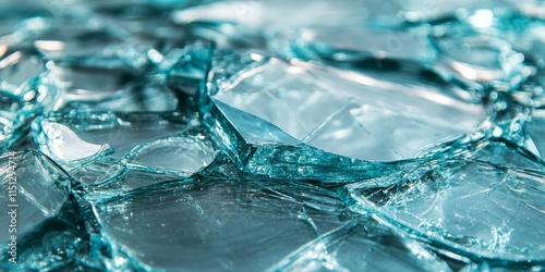 Close up of broken glass with an angled view, featuring a blurred effect at the top of the frame, showcasing the intricate details of the broken glass surface. photo