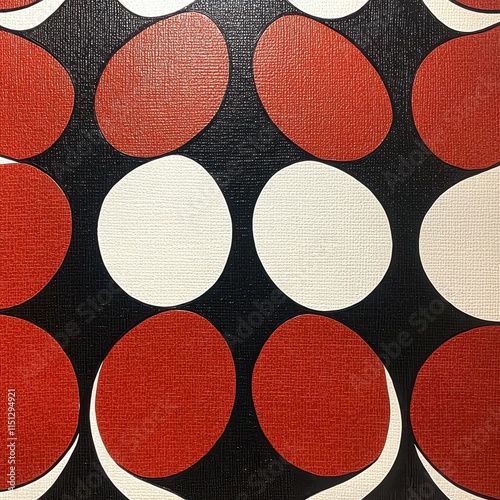 A repeating pattern of retro-inspired geometric shapes such as circles, triangles, and squares in bold primary colors, layered on a textured mid-century modern backdrop, evoking vintage charm. 