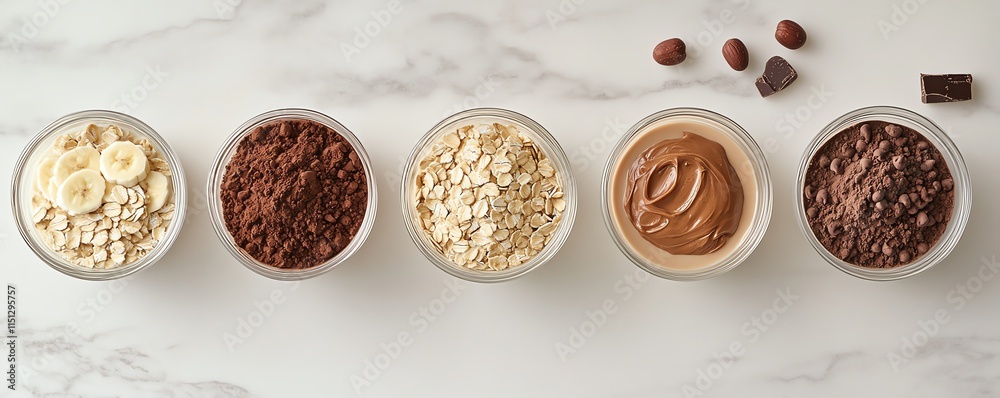 Natural protein shake for muscle growth with oatmeal, banana, peanut butter, milk, chocolate, and protein powder for athletes Natural protein shake for muscle growth with oatmeal, banana, peanut butter, milk, chocolate, and protein powder for athletes