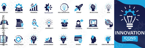 Innovation icon set. creativity, invention, prototype, visionary, idea generation, agile, You can easily change the color