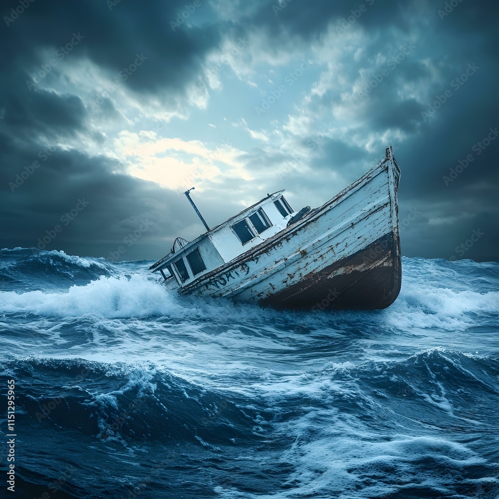 Naklejka premium Sinking Boat in Stormy Sea Symbolizes Struggle and Business Idea