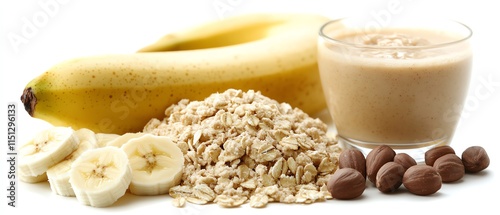 Protein shake for muscle gain with banana, chocolate, peanut butter, and oatmeal, made with natural ingredients for athletes and fitness buffs