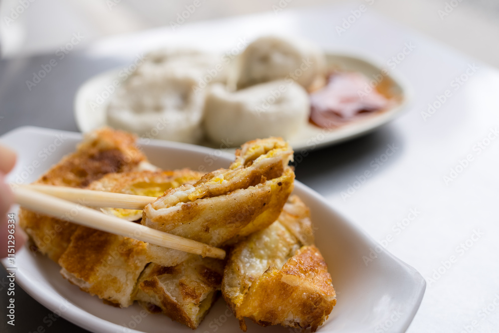 Egg stuffed fried pastry and buns Egg stuffed fried pastry and buns