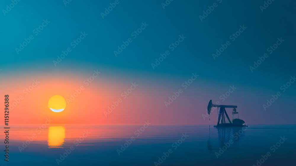 Oil rig silhouette against vibrant sunset over calm ocean horizon Oil rig silhouette against vibrant sunset over calm ocean horizon
