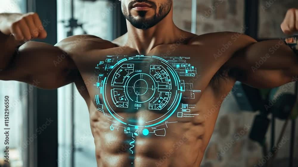 Human Performance Optimization: A muscular man with a digital overlay, a visual representation of his fitness data and progress, symbolizes the intersection of technology and physical achievement.