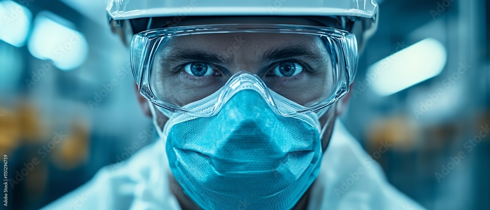 Worker safety equipment concept, including safety helmet, glasses, and mask, with a factory background emphasizing industrial safety