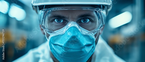 Worker safety equipment concept, including safety helmet, glasses, and mask, with a factory background emphasizing industrial safety photo