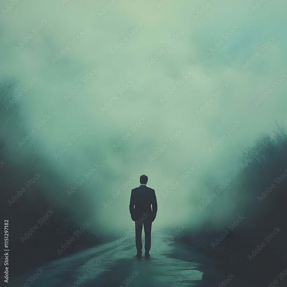 Pensive Businessman in Suit Standing at End of Foggy Road Pensive Businessman in Suit Standing at End of Foggy Road