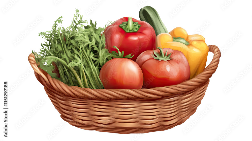 Basket of Freshness: A picturesque wicker basket overflowing with vibrant, ripe tomatoes, bell peppers, and fresh greens, embodying the essence of garden-fresh produce.  