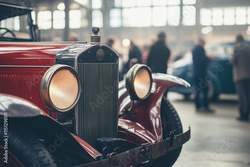 Close-up of a vintage red car at a classic car auction, showcasing its detailed headlights and grill in a vibrant setting.
