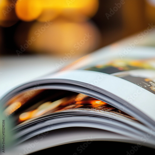 Close-up of an open magazine with glossy pages, featuring blurred warm bokeh lights in the background, ideal for publishing or editorial themes
 photo