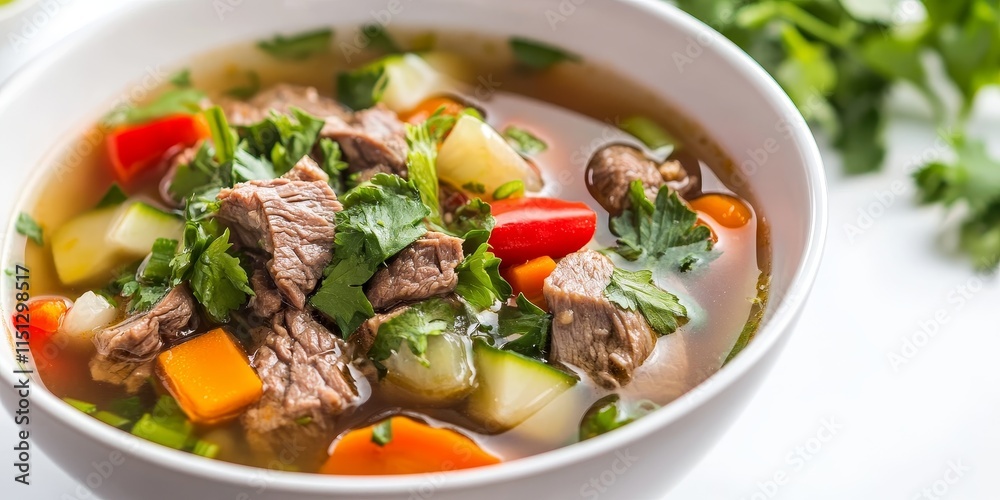 Selective focus on a bowl of clear soup featuring beef and vegetables, highlighting the delicious ingredients in this colorful dish against a clean white background. Perfect for food lovers. Selective focus on a bowl of clear soup featuring beef and vegetables, highlighting the delicious ingredients in this colorful dish against a clean white background. Perfect for food lovers.