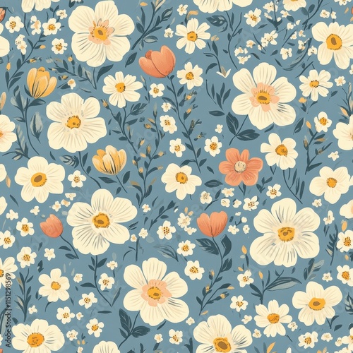 A seamless spring-themed floral pattern featuring blooming tulips, daffodils, and cherry blossoms in fresh pastel tones, arranged on a soft sky-blue background. 