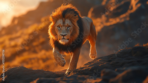 running lion during sunrise in a mountain with a low Angle  photo