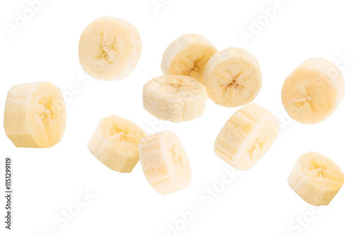 Flying banana slices isolated on transparent background