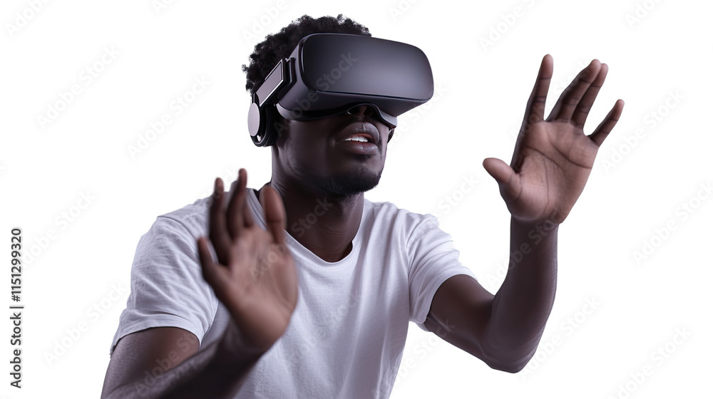 Exploring the Metaverse: A young man immerses himself in a virtual reality experience, his hands outstretched in awe and wonder. Exploring the Metaverse: A young man immerses himself in a virtual reality experience, his hands outstretched in awe and wonder.