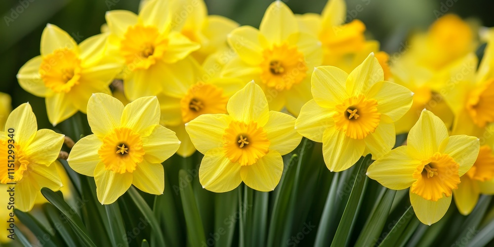 Vibrant yellow daffodil blooms, representing the first summer flowers, showcase the beauty and charm of narcissus, a delightful addition to any garden or floral arrangement. Vibrant yellow daffodil blooms, representing the first summer flowers, showcase the beauty and charm of narcissus, a delightful addition to any garden or floral arrangement.