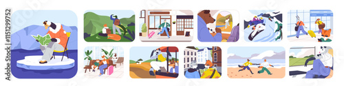 Happy anthropomorphic animals travel set. Cute tourists with baggage are in holiday journey. Different characters with luggage, bags are in voyage, vacation trip. Tourism flat vector illustrations