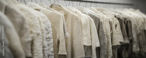 Neutraltoned Tshirts displayed on hangers in an exhibition, showcasing ecological and sustainable clothing made from ecoconscious materials photo