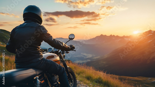 riding a motor during summer in the mountains during sunset with a profile angle 