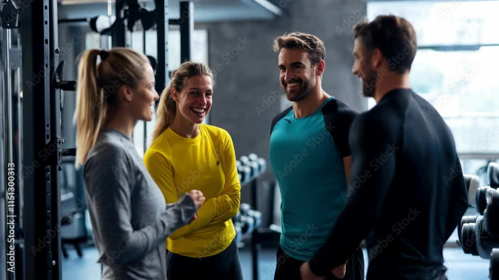 Group of gym companions enjoying a friendly conversation in a modern fitness studio, surrounded by exercise equipment and weights. Group of gym companions enjoying a friendly conversation in a modern fitness studio, surrounded by exercise equipment and weights.