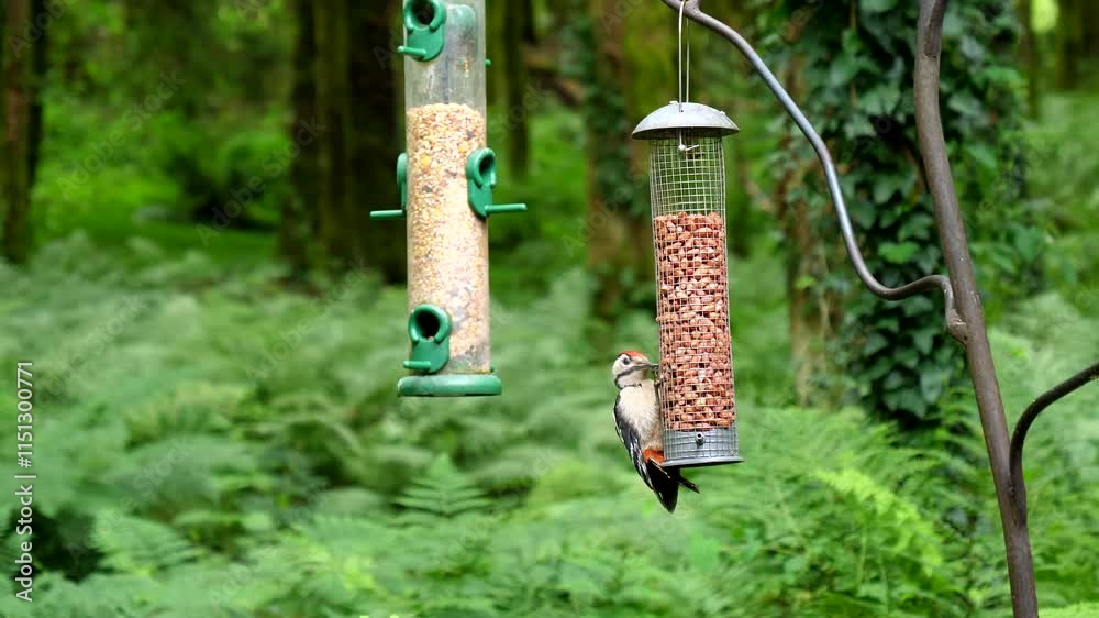 Woodpecker eating peanuts from bird feeder in the forest.