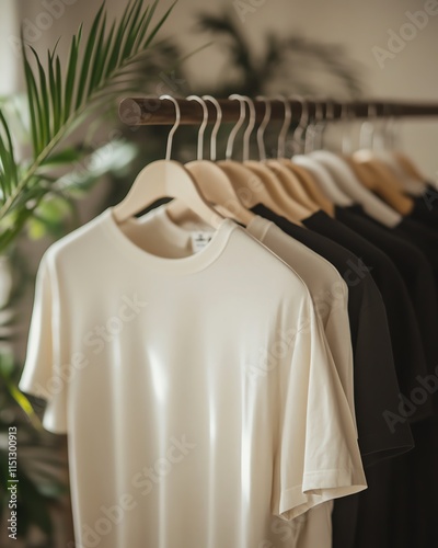 Sustainable clothing exhibition with neutraltoned Tshirts hanging on ecofriendly hangers, showcasing ecoconscious fashion