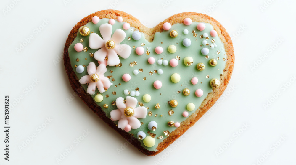 Fototapeta premium A heart-shaped cookie glazed with pastel green icing, topped with pastel-colored edible beads, delicate sugar flowers