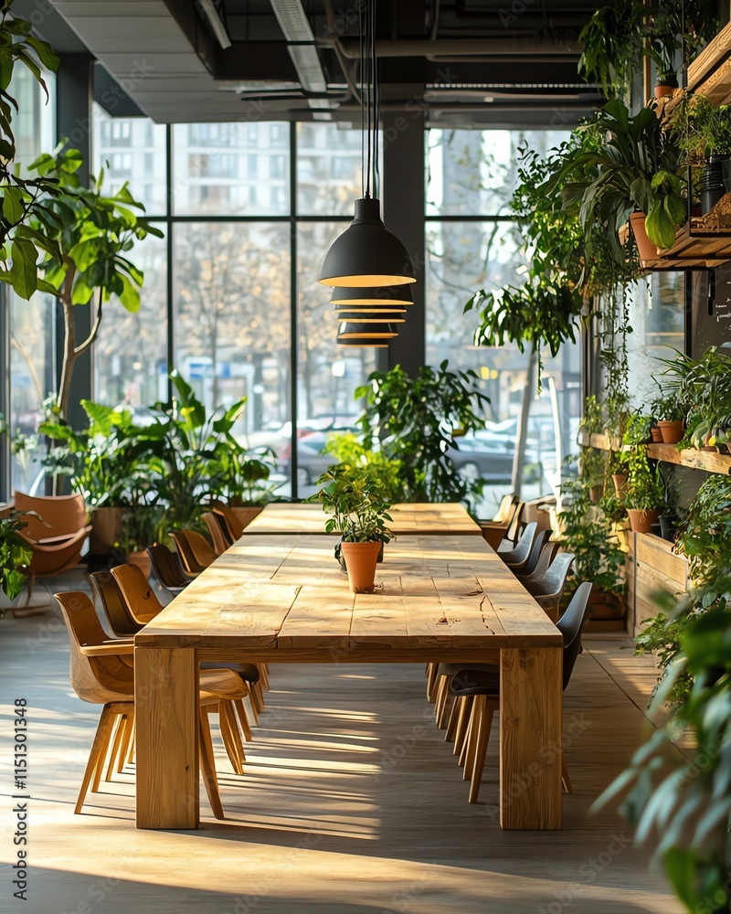 Sustainable office space with wooden furniture, eco workspace featuring plants and natural light, positive atmosphere for productive meetings