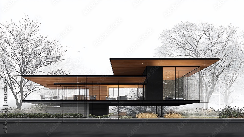 Modern home with flat roof and large windows. Modern home with flat roof and large windows.