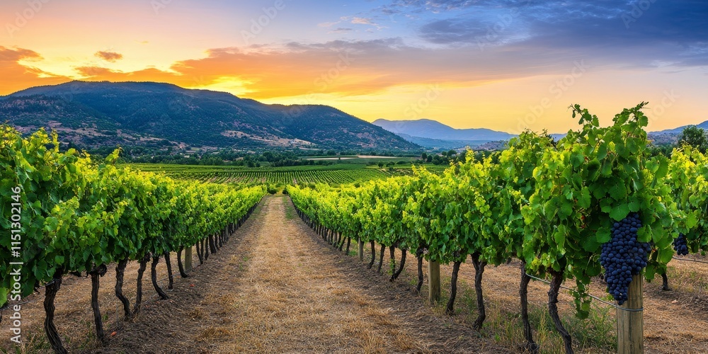 Fototapeta premium Row of vine grape plants thriving in expansive vineyards, showcasing the beauty of vine grapes nestled in a serene landscape, perfect for illustrating the charm of vine grapes in nature.