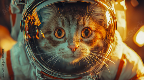 Curious cat astronaut exploring the cosmos in a space helmet photo